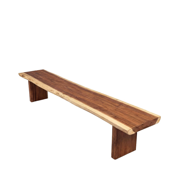 Front view of the Karimata suar wood bench with natural live edge.