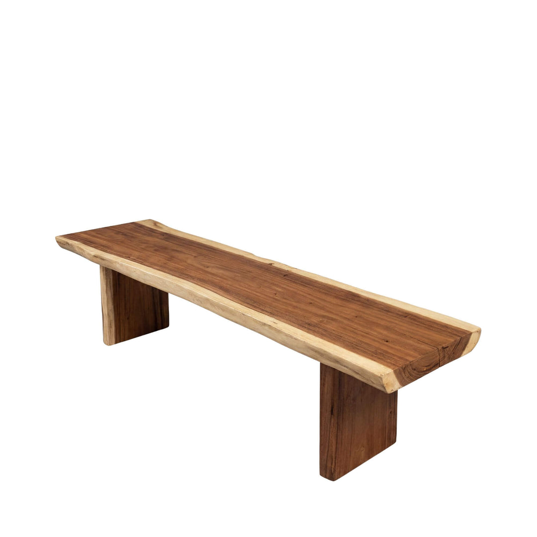 Front view of the Karimata suar wood bench with natural live edge.