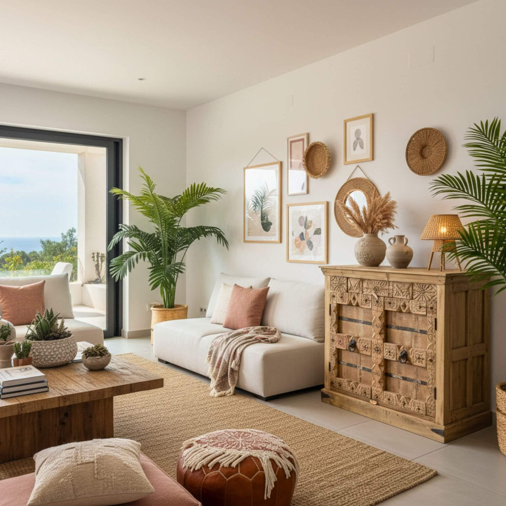 Kasol Buffet White Briss Collection in reclaimed wood styled in a bright living room.