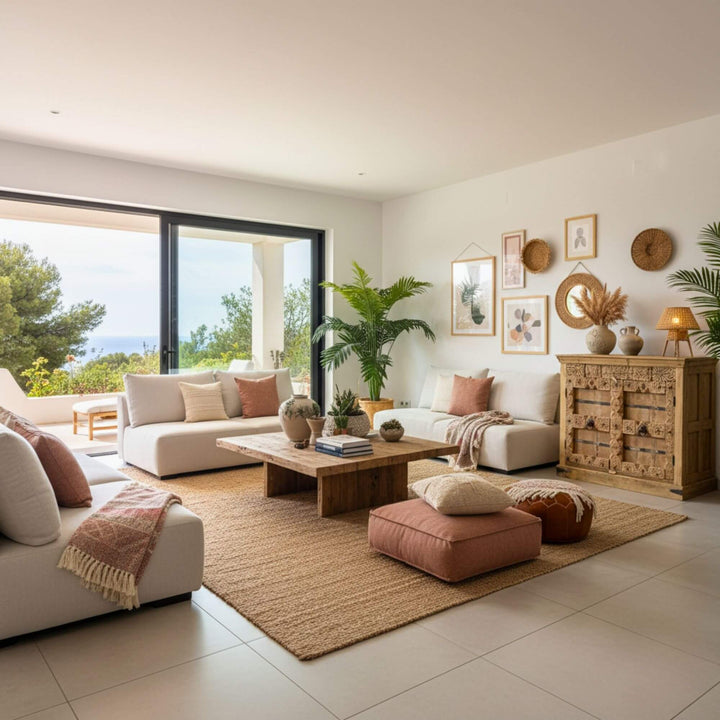 Kasol Buffet White Briss Collection in reclaimed wood styled in a bright living room.