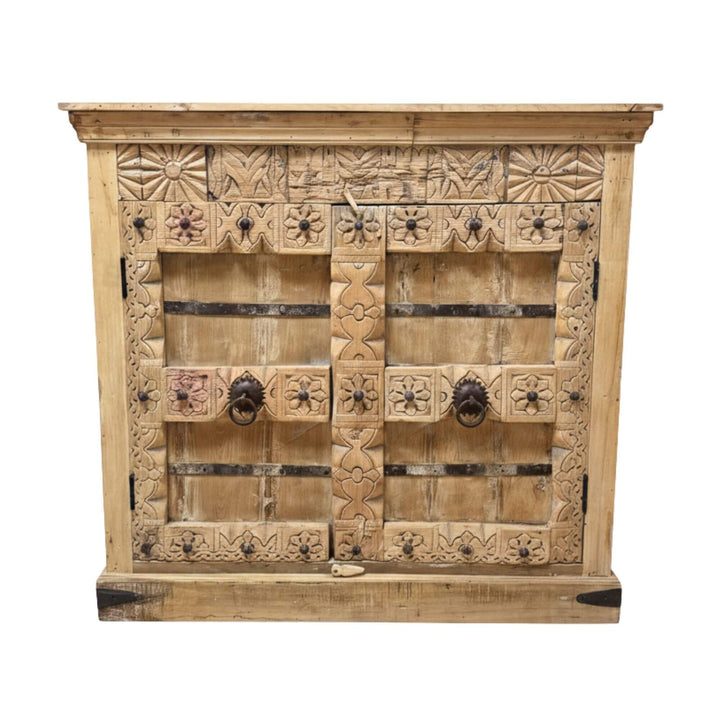 Front view of the Kasol Buffet showing carved doors and whitewashed finish.