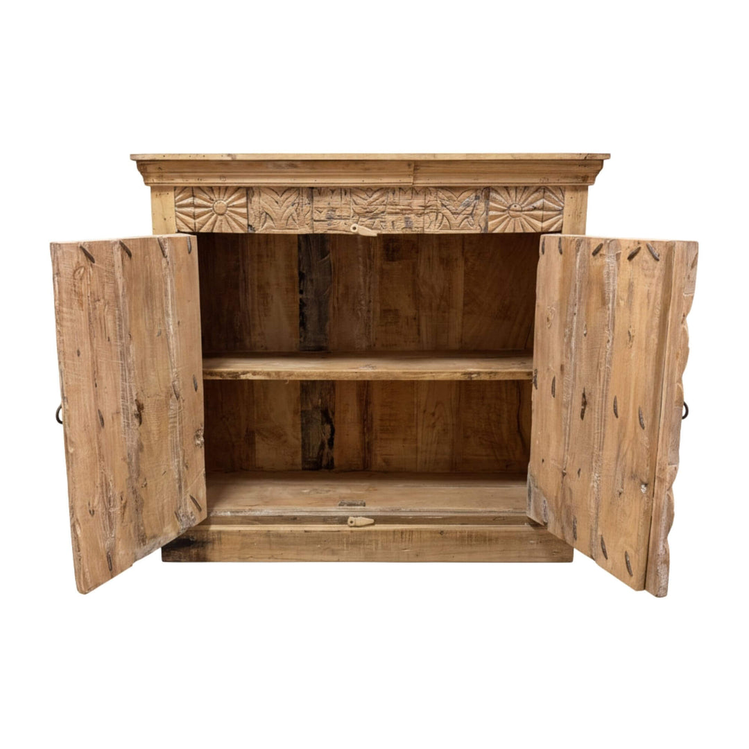 Open Kasol Buffet cabinet displaying interior storage shelves in reclaimed wood.