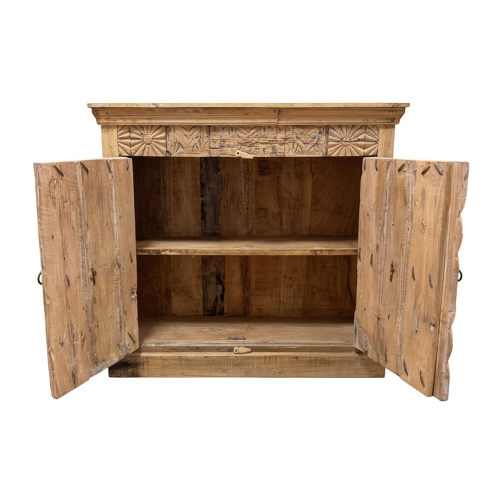 Open Kasol Buffet cabinet displaying interior storage shelves in reclaimed wood.