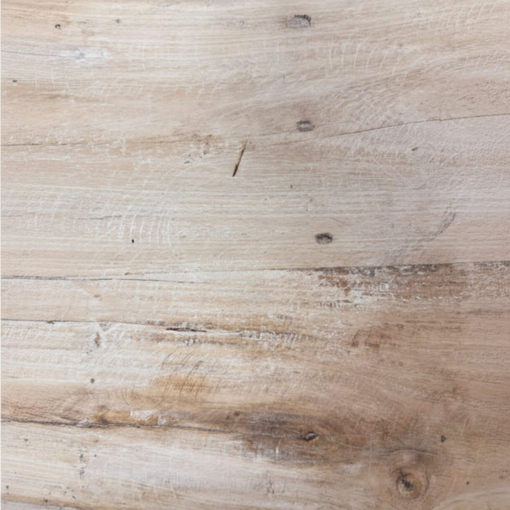 Detail of the reclaimed wood grain and whitewashed texture on the Kasol Buffet surface.