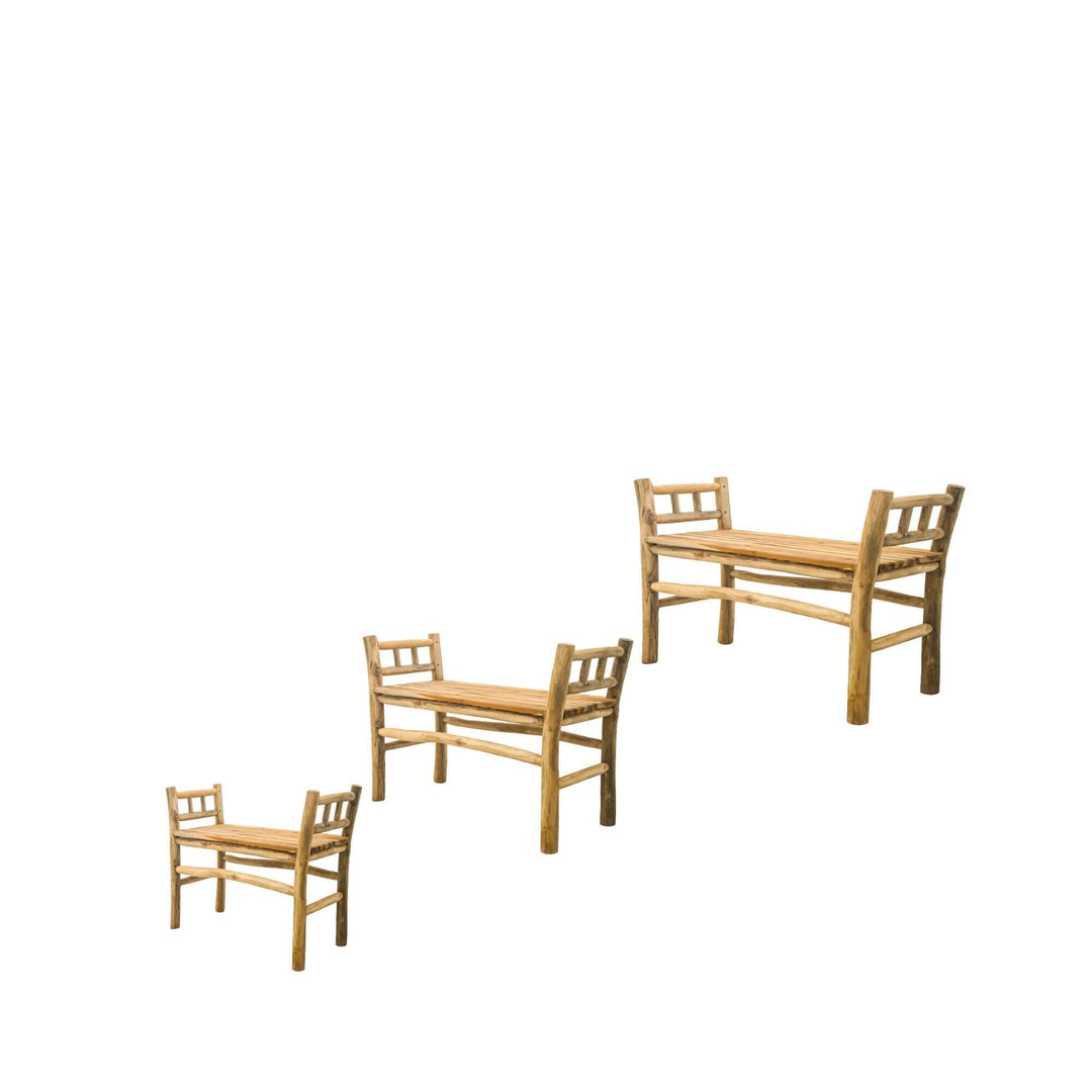 Rustic teak branch bench front view in different sizes