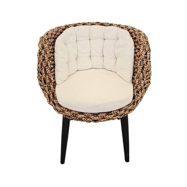 Front view of rattan dining chair with cushion