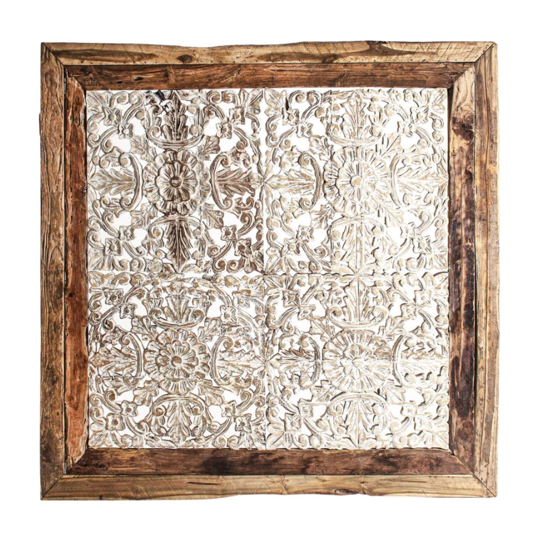 Hand-carved tropical wood wall panel with floral and leaf patterns.