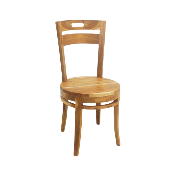Angled view of teak dining chair