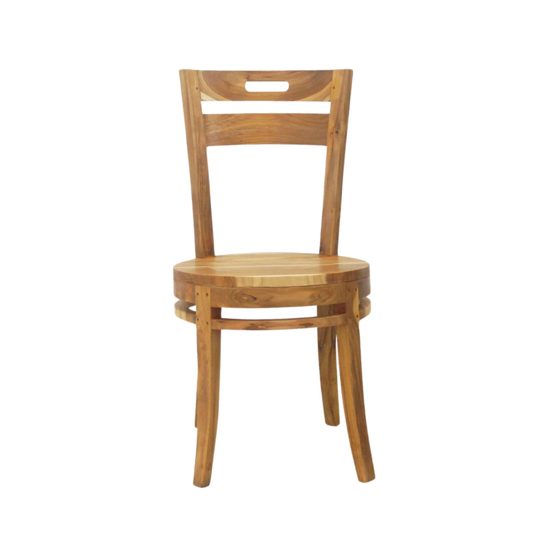Front view teak dining chair with curved backrest