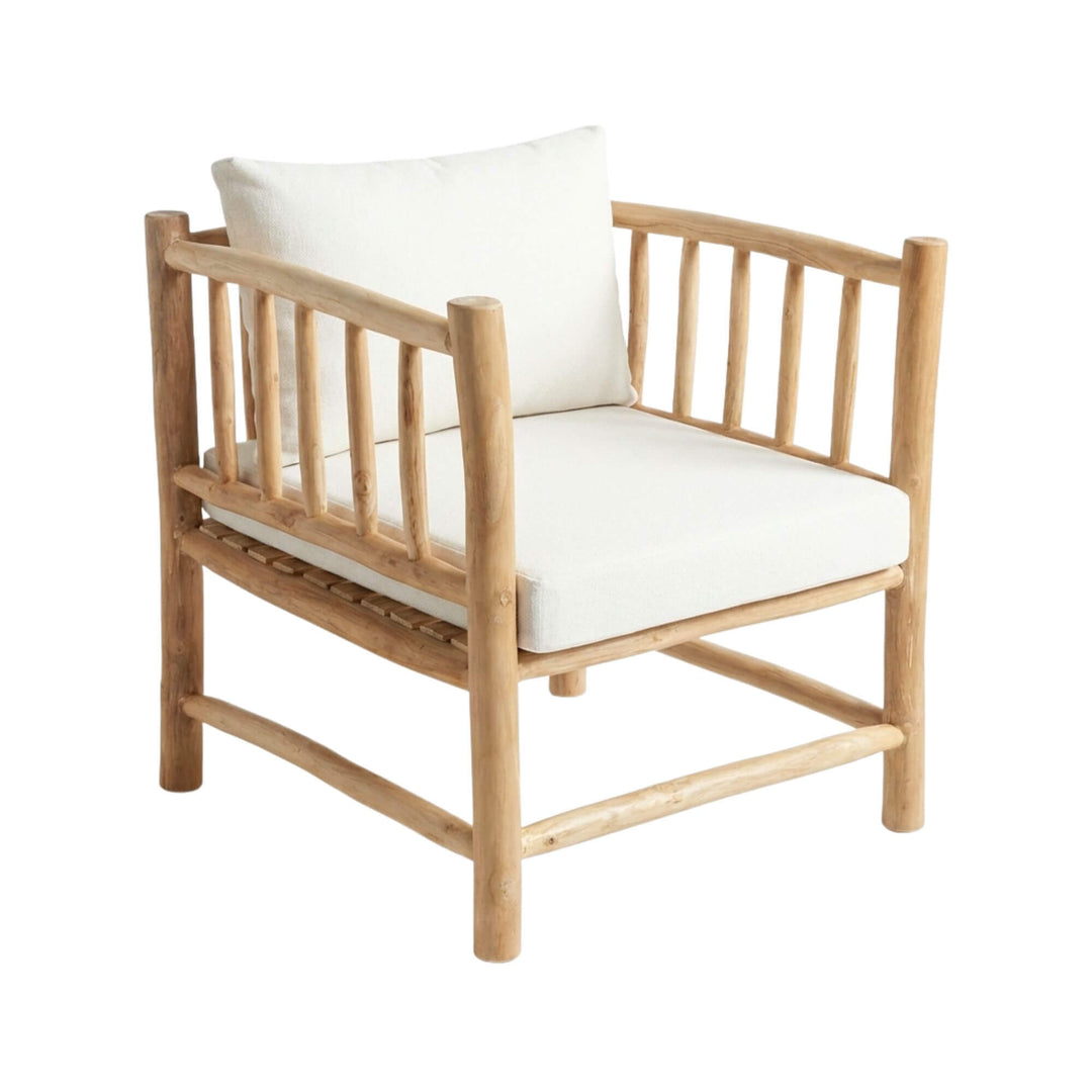 Front view of Kayu teak branch armchair showing its natural wood frame and cushioned seat.