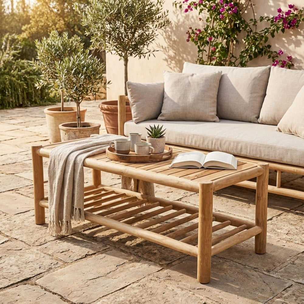 Styled outdoor setting featuring the Kayu coffee table in a relaxed lounge environment.