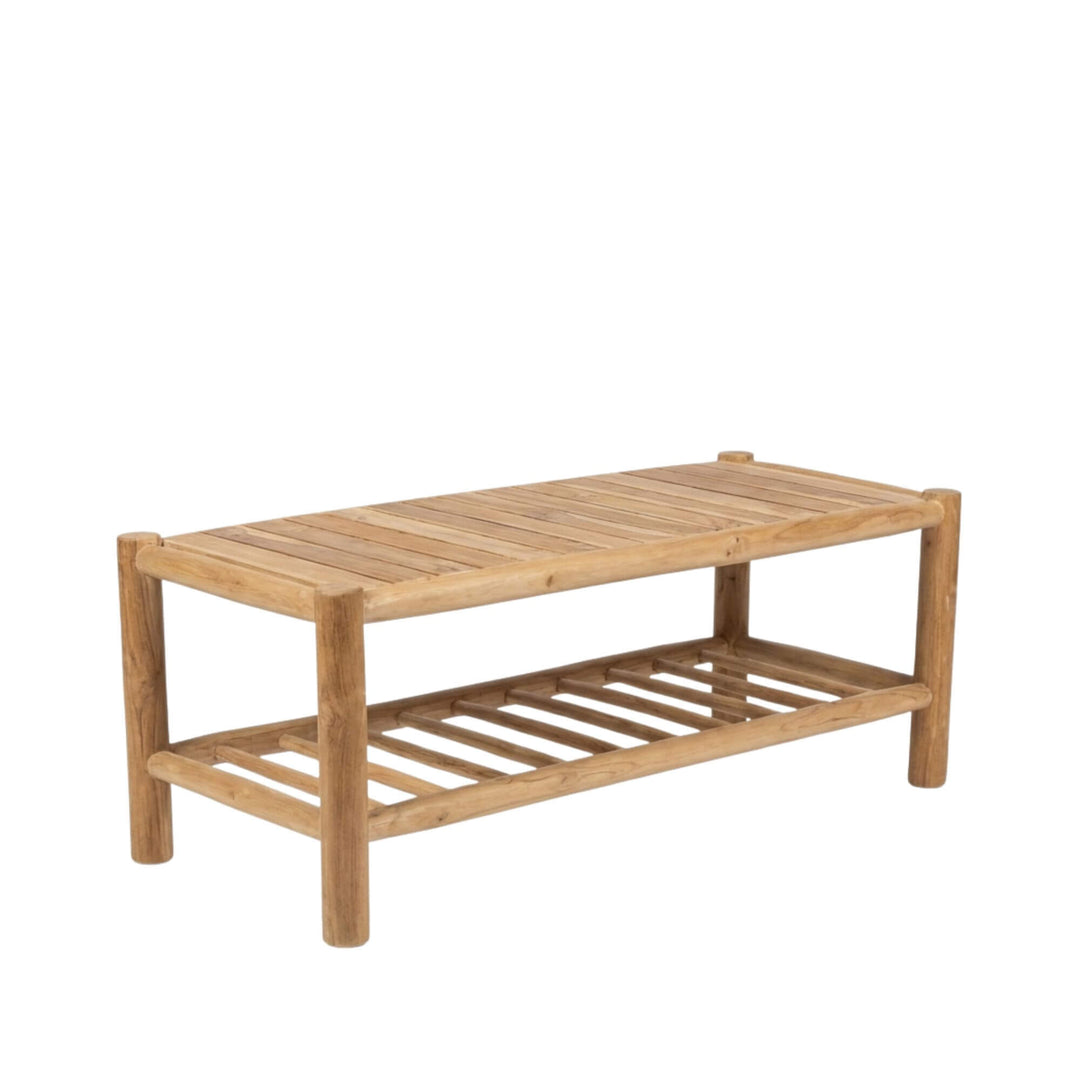Front view of Kayu teak branch coffee table showing its rectangular top and lower slatted shelf.