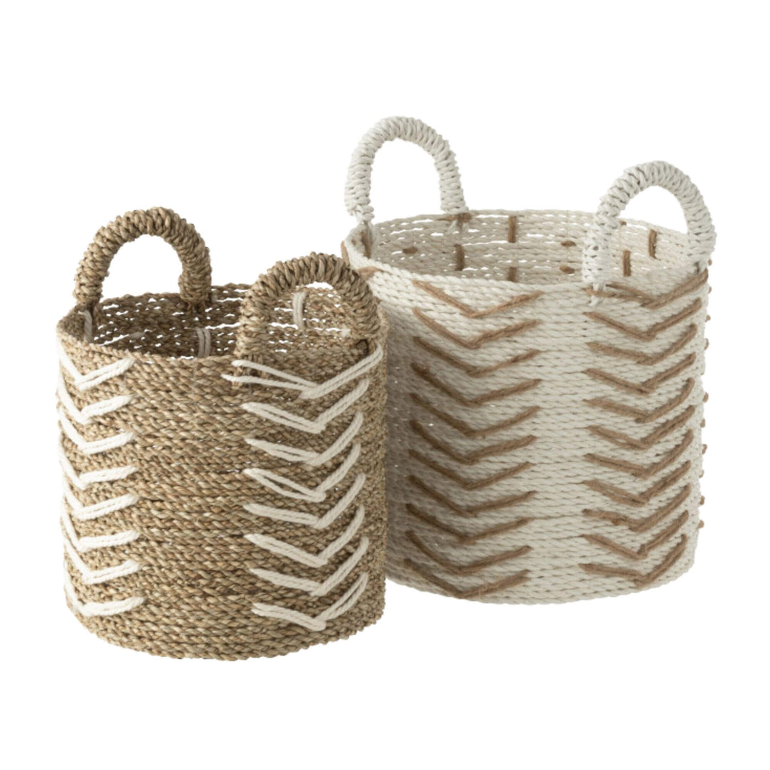 Set of two Keling Raffia Baskets in natural beige and white chevron pattern.