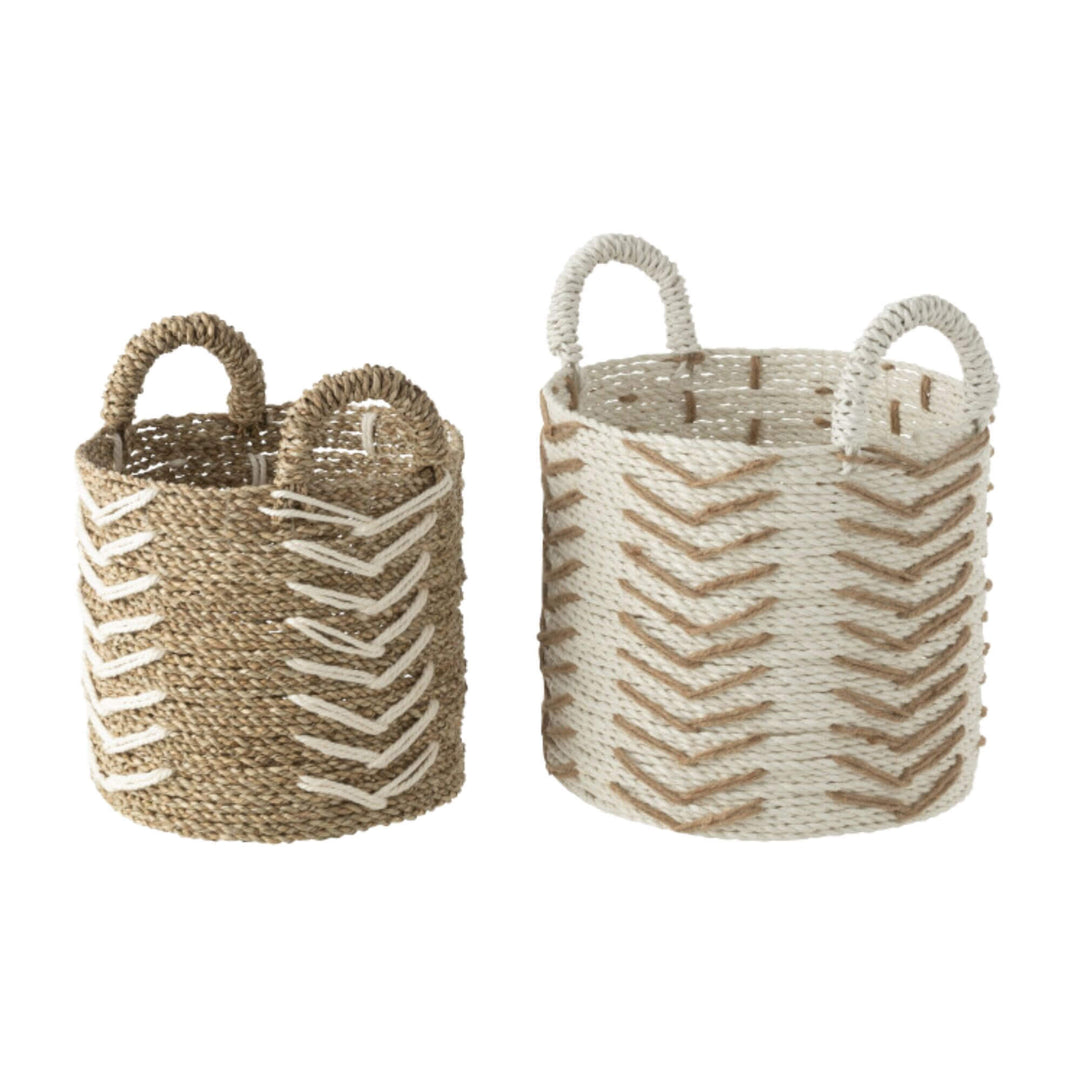 Set of two Keling Raffia Baskets in natural beige and white chevron pattern.