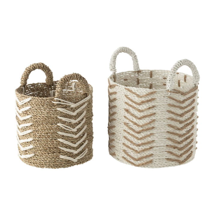 Set of two Keling Raffia Baskets in natural beige and white chevron pattern.