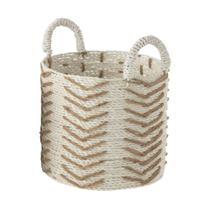 Handwoven raffia and cotton baskets used for home decor and storage.