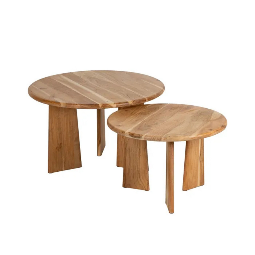 Group view of Kenari Round Coffee Tables in small and large sizes showing their circular design.