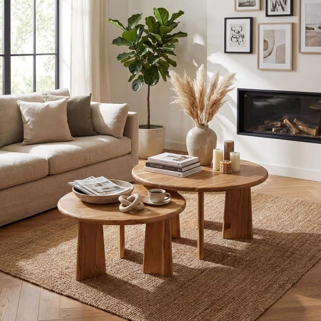 Styled interior view of Kenari Round Coffee Tables arranged as a set in a living room.