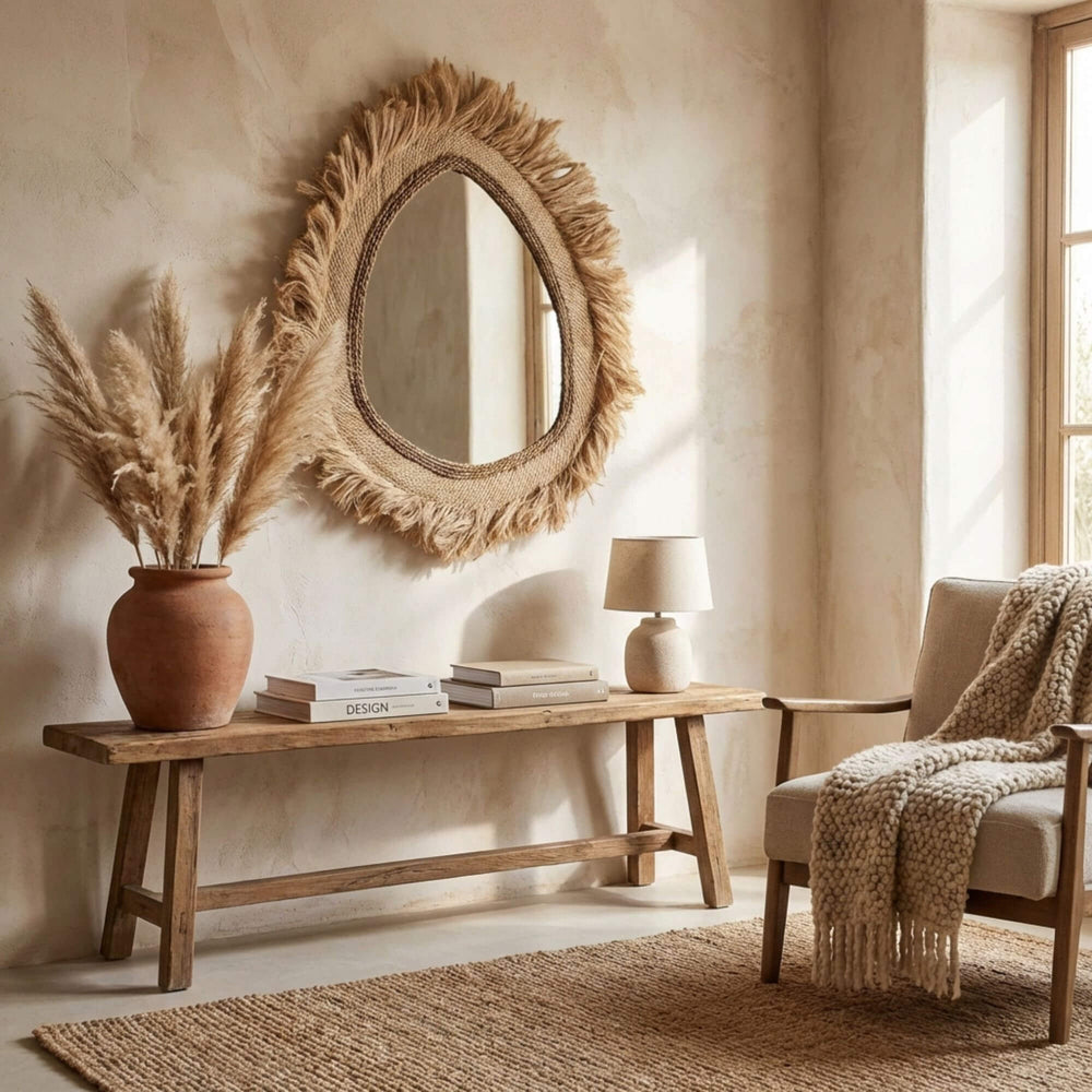 Living room with a textured wall, wooden bench, Kepang mirror, and decor items.