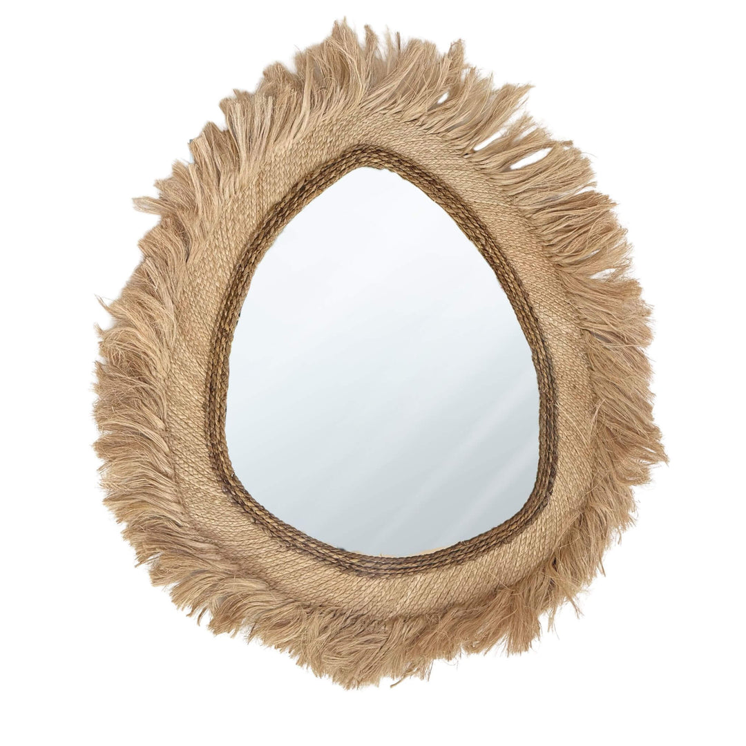 Large Kepang Mirror in natural abaca and sisal with fringed edges.
