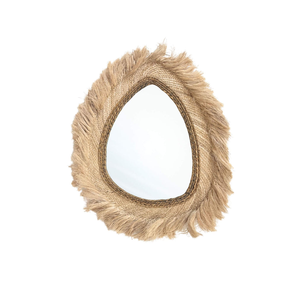 Small Kepang Mirror in natural abaca and sisal with fringed edges.