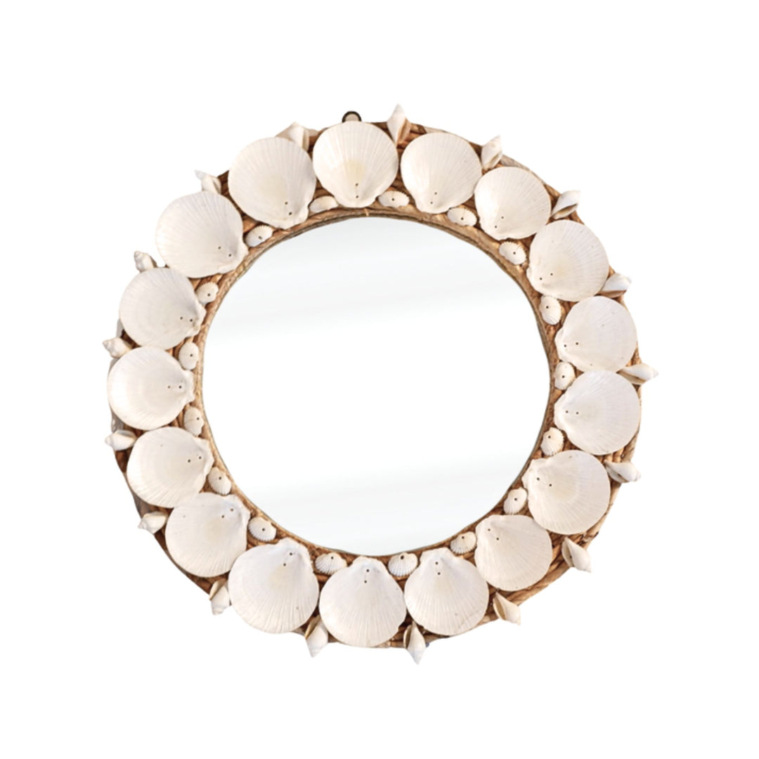 Front view of Kerang Round Mirror with shell-framed natural fiber border