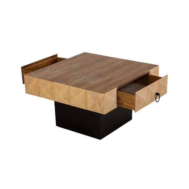Coffee table with dual drawers open