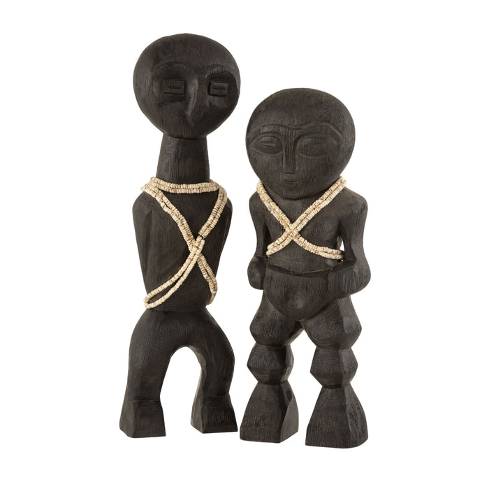 Pair of Khoisan sculptures highlighting handcrafted details and natural wood texture.