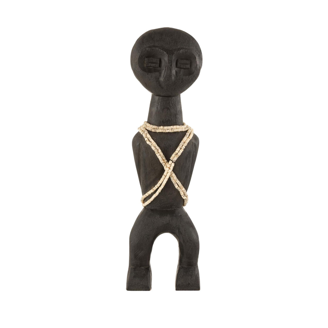 Front view of the Khoisan wood sculpture highlighting its elongated carved form and dark finish.