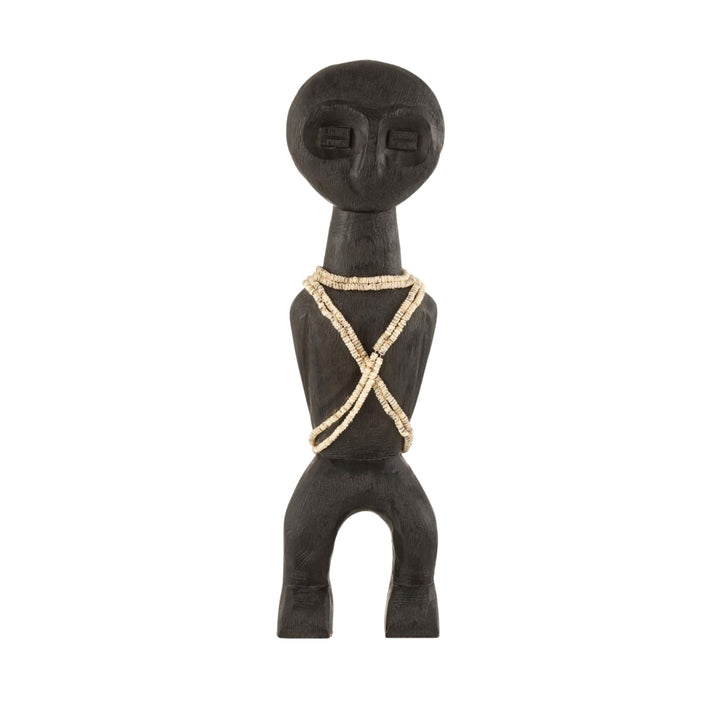 Front view of the Khoisan wood sculpture highlighting its elongated carved form and dark finish.