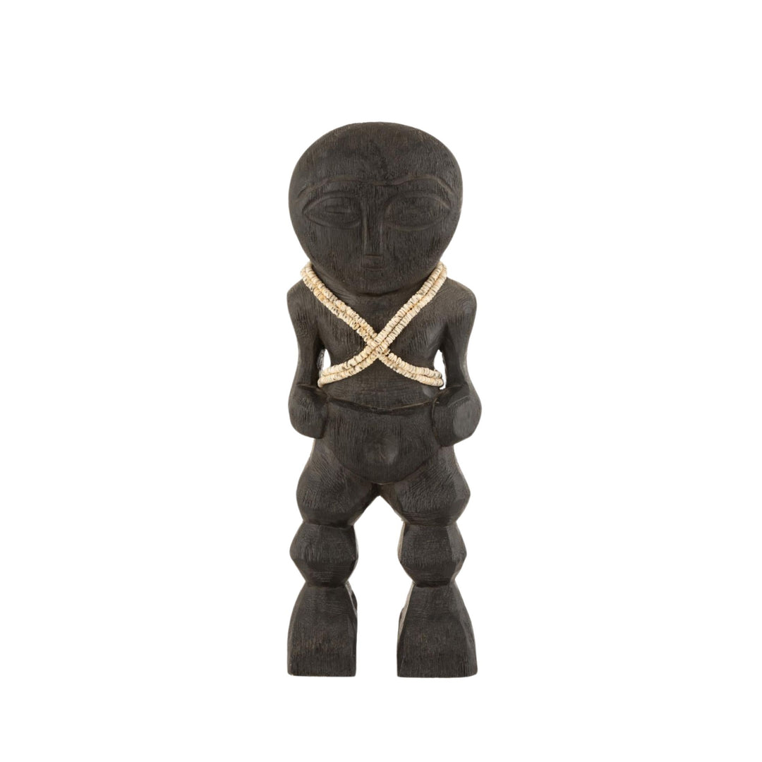 Front view of the Khoisan wood sculpture showing its carved tribal form and dark finish.