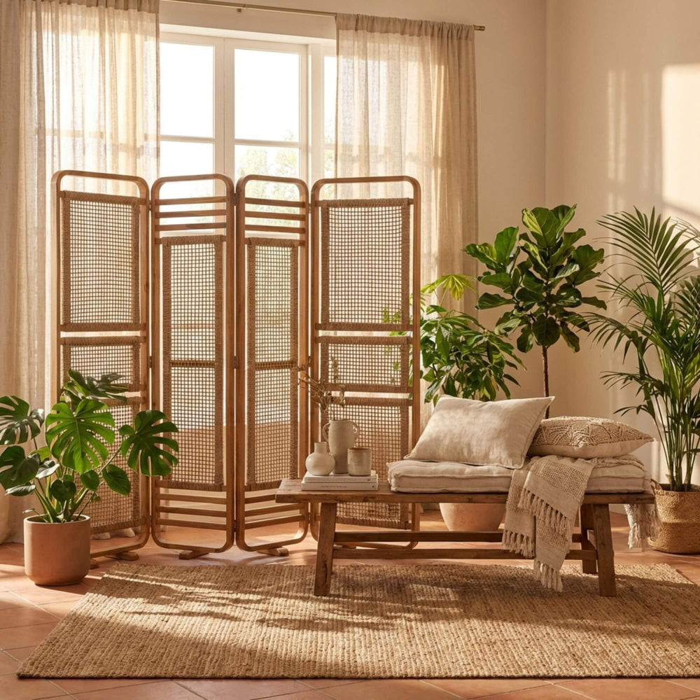 Styled interior setting featuring the Kirana divider used to softly separate living areas.