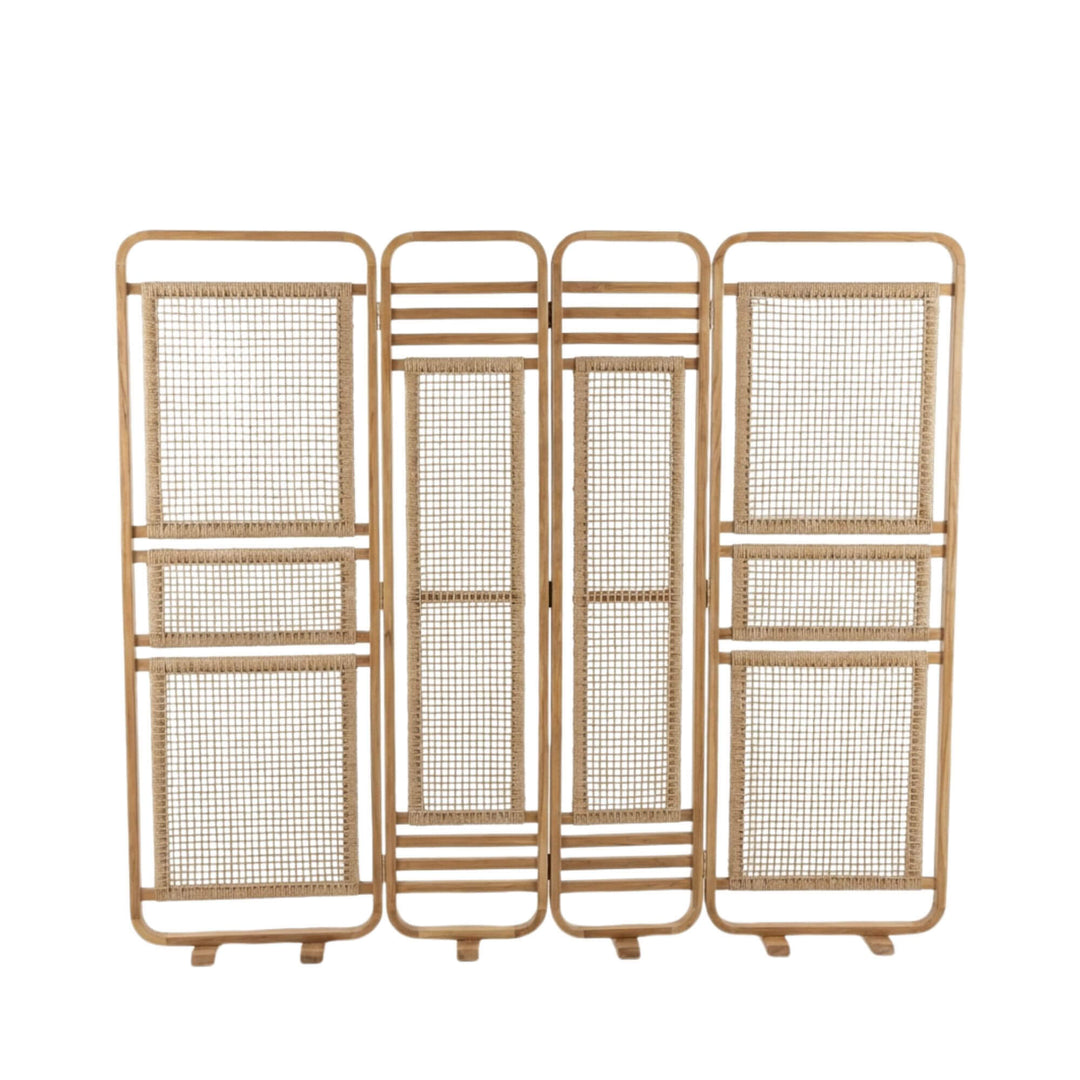 Front view of the Kirana divider showcasing its teak wood frame and woven synthetic rattan panels.