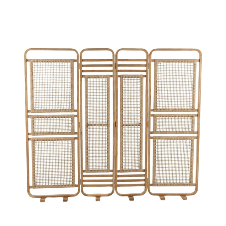 Front view of the Kirana divider showcasing its teak wood frame and woven synthetic rattan panels.