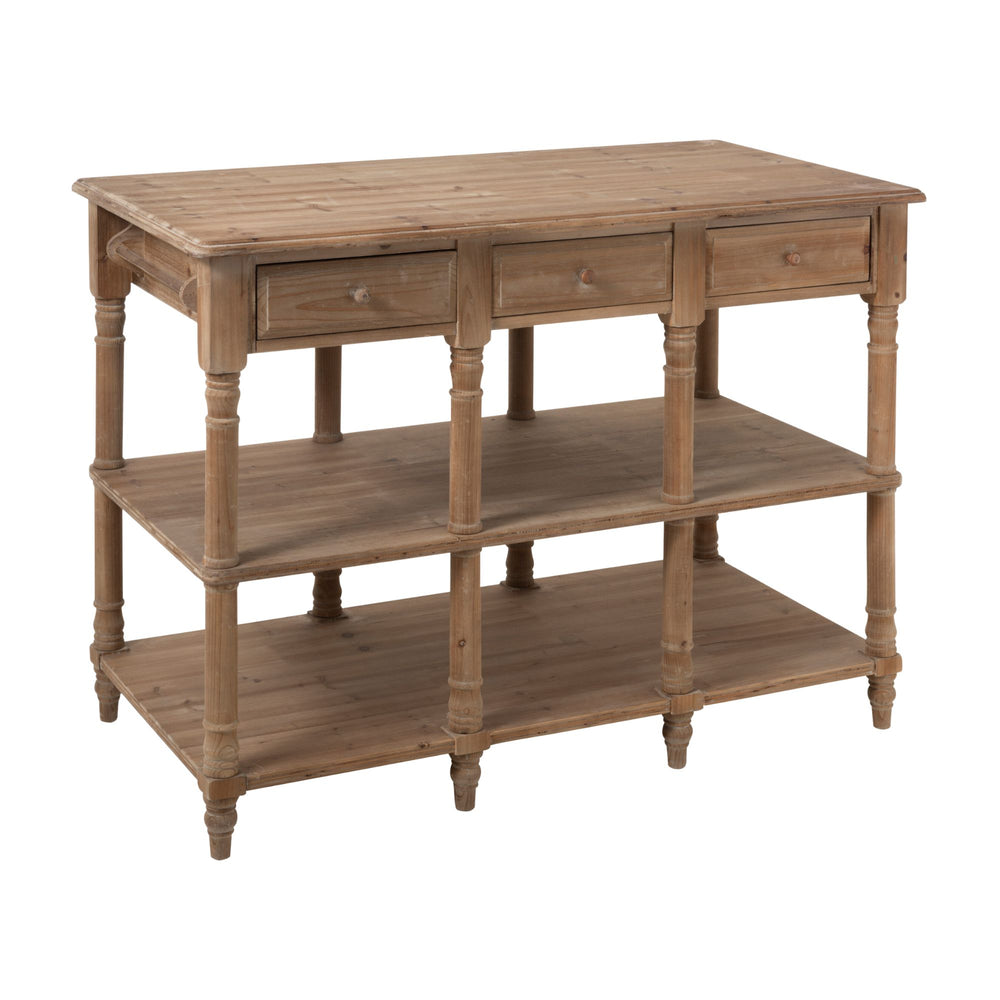 Rustic kitchen console side view with storage