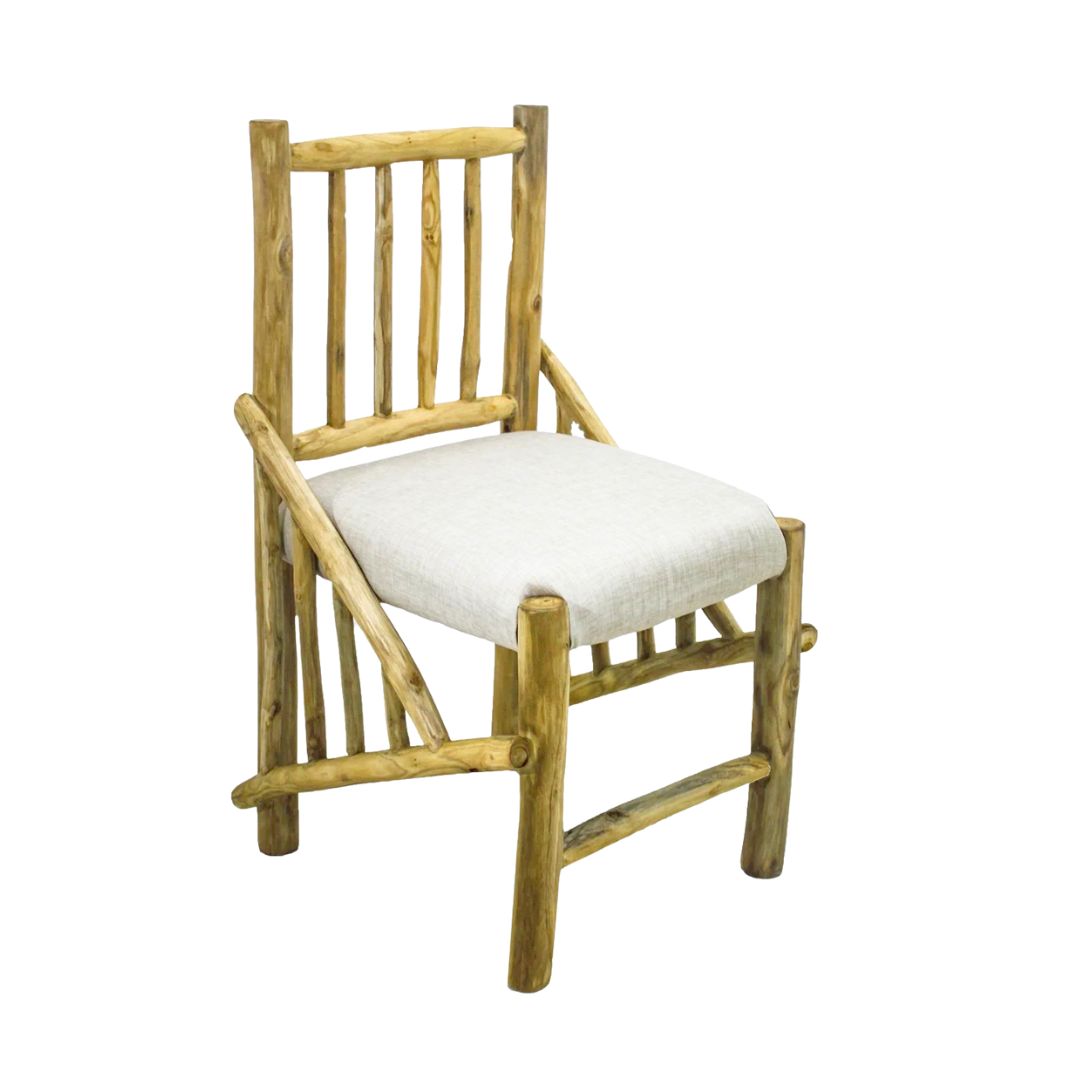 Front angled view of Kobe dining chair in teak branches with fabric cushion