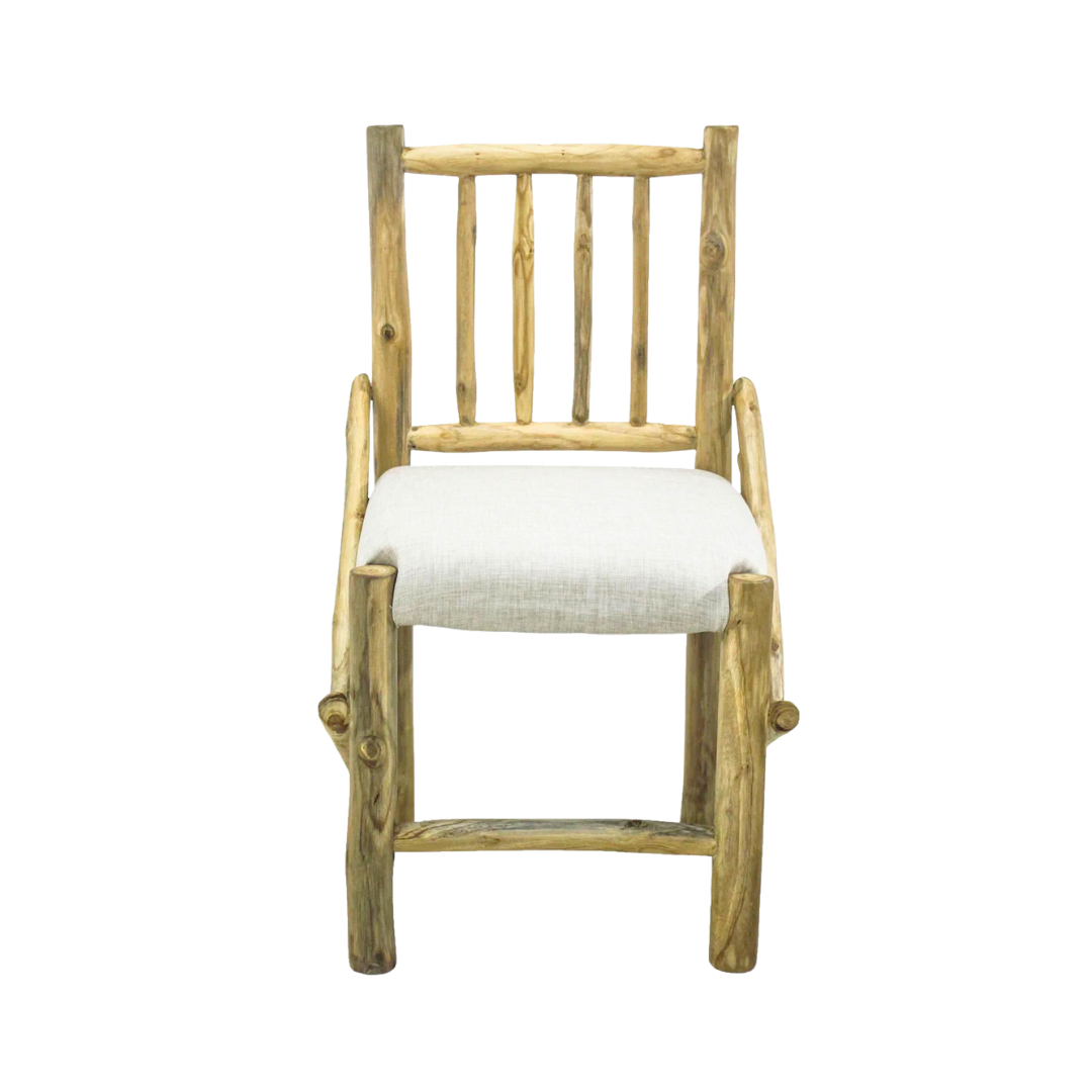 Frontal view of rustic teak branch dining chair with upholstered seat