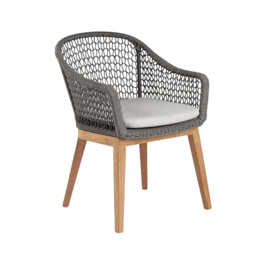 Teak dining chair with grey rope backrest and cushion