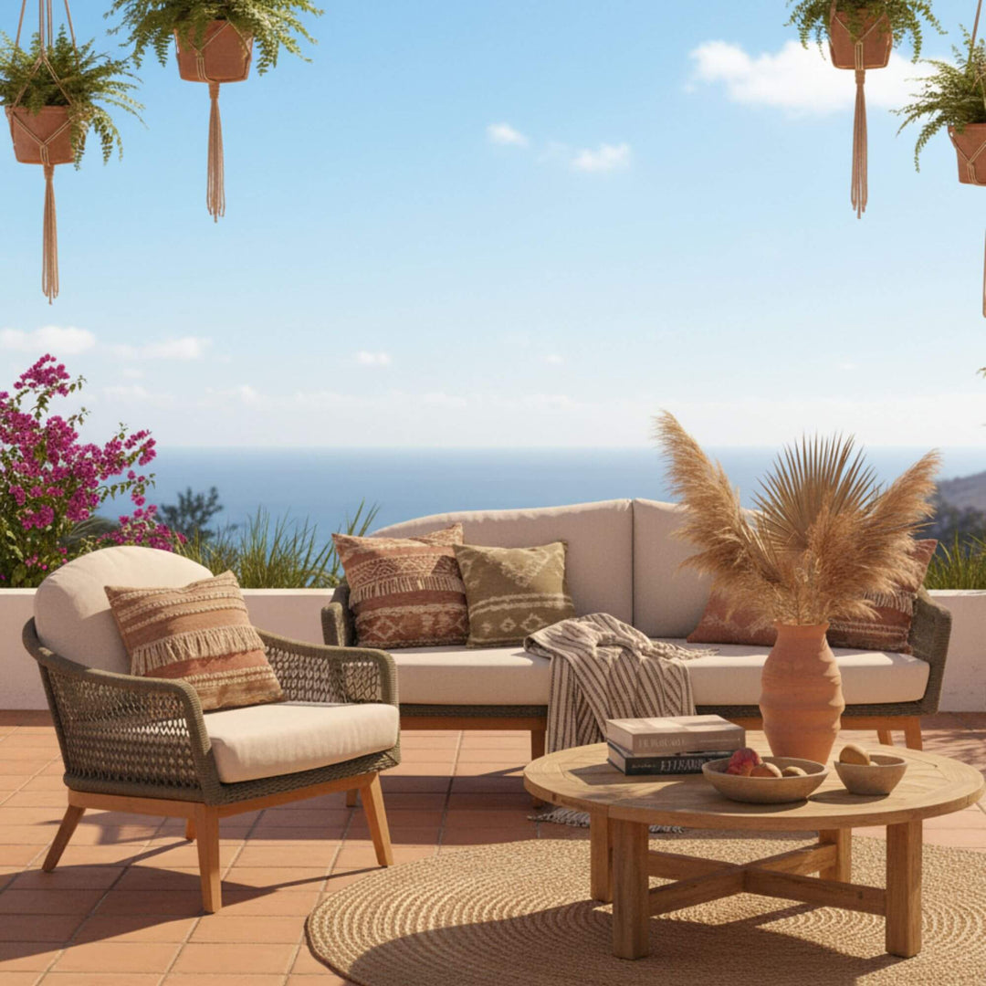 Terrace setting with the Kodiak teak and rope outdoor sofa.