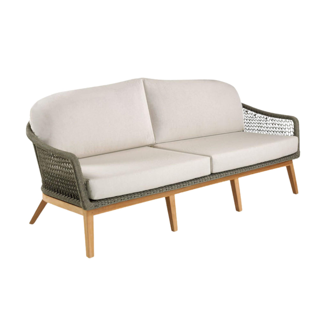 Angled view of the Kodiak Collection Sofa showing teak frame and woven rope detail.