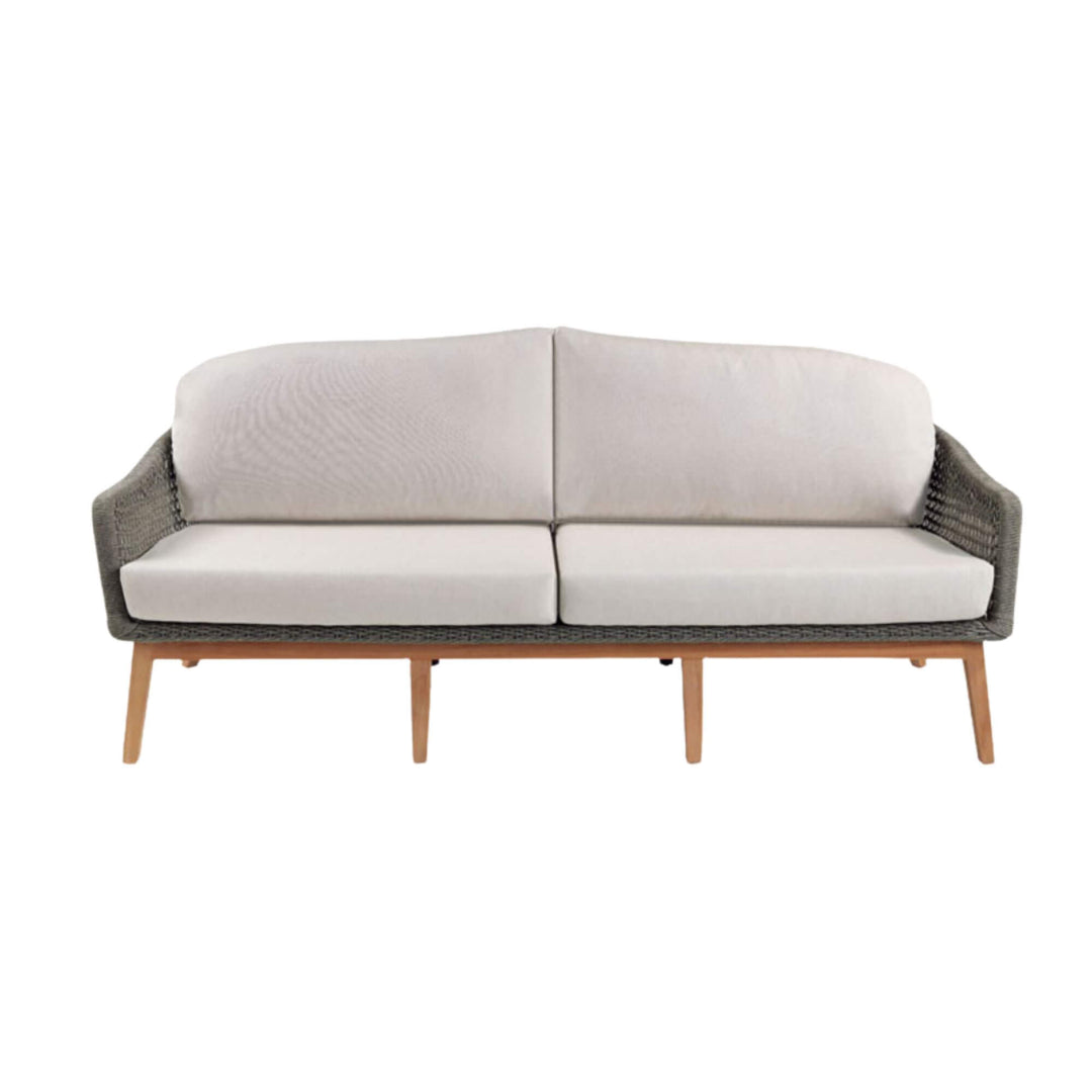 Front view of the Kodiak Collection Sofa showing teak frame and woven rope detail.