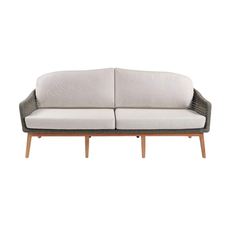 Front view of the Kodiak Collection Sofa showing teak frame and woven rope detail.