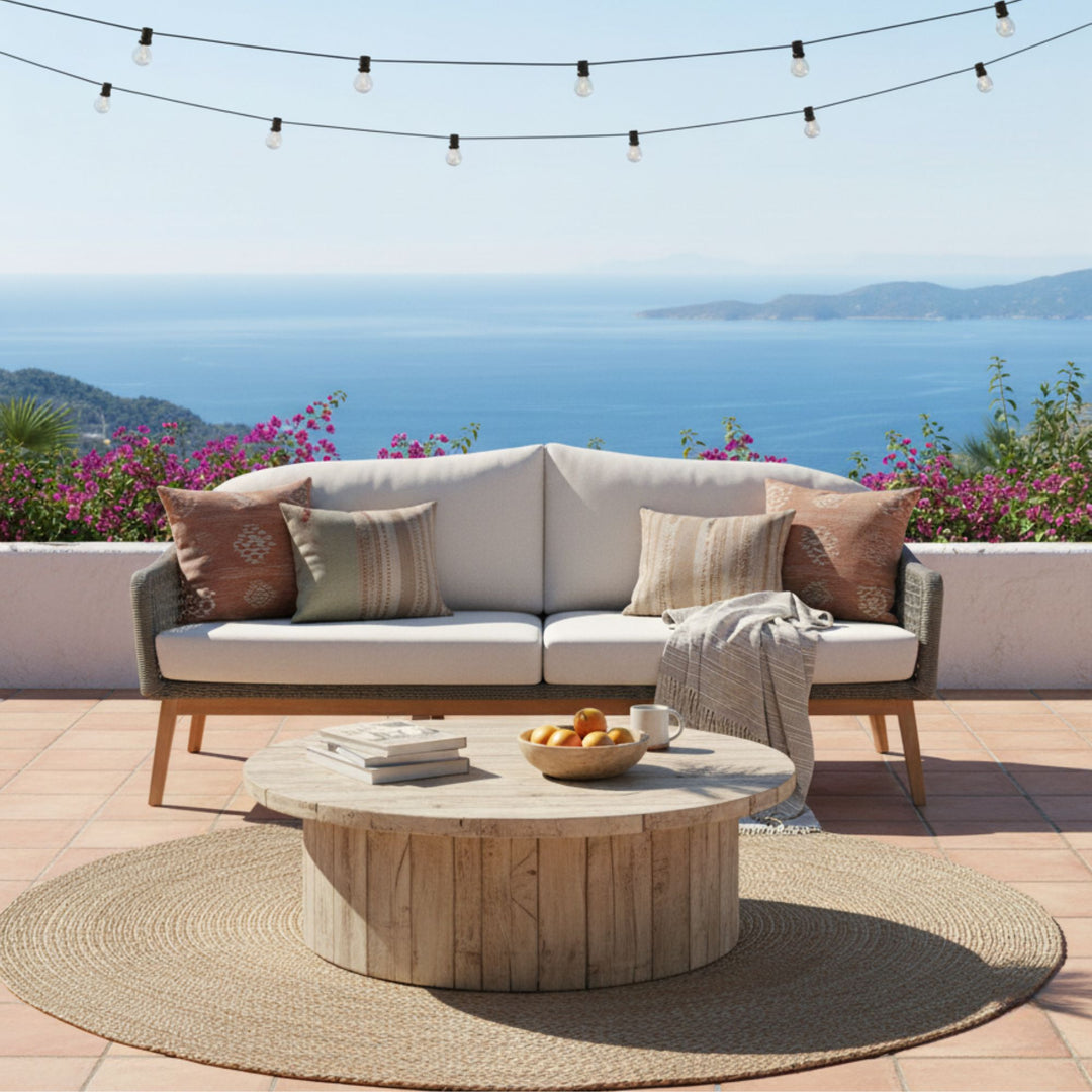 Terrace setting with the Kodiak teak and rope outdoor sofa.