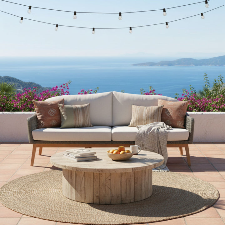 Terrace setting with the Kodiak teak and rope outdoor sofa.