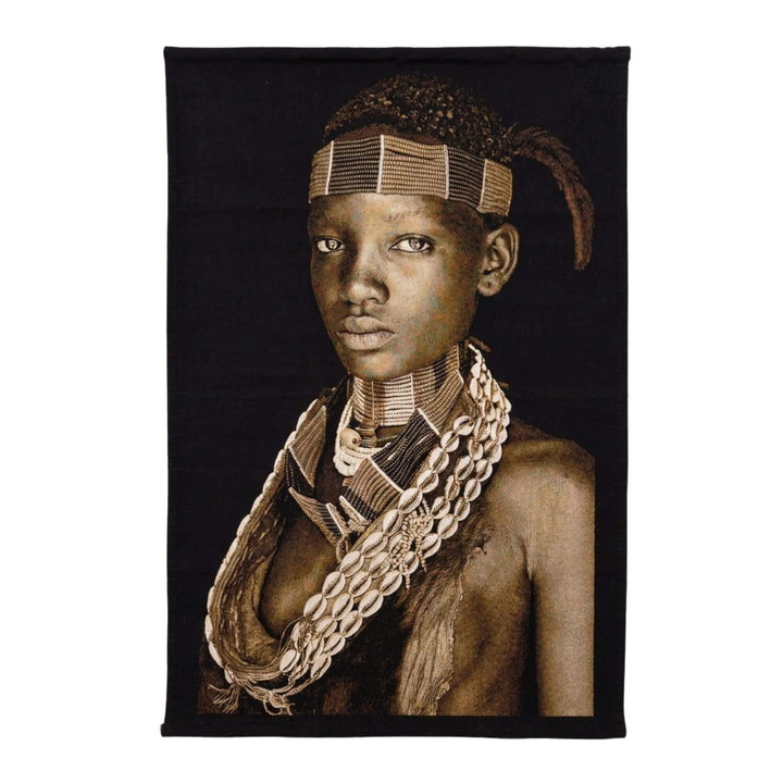 Front view of the Kofi Boy tapestry featuring an African portrait with layered necklaces.