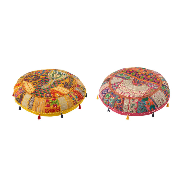 Large KOOD Puff in multicolor patchwork with decorative tassels.