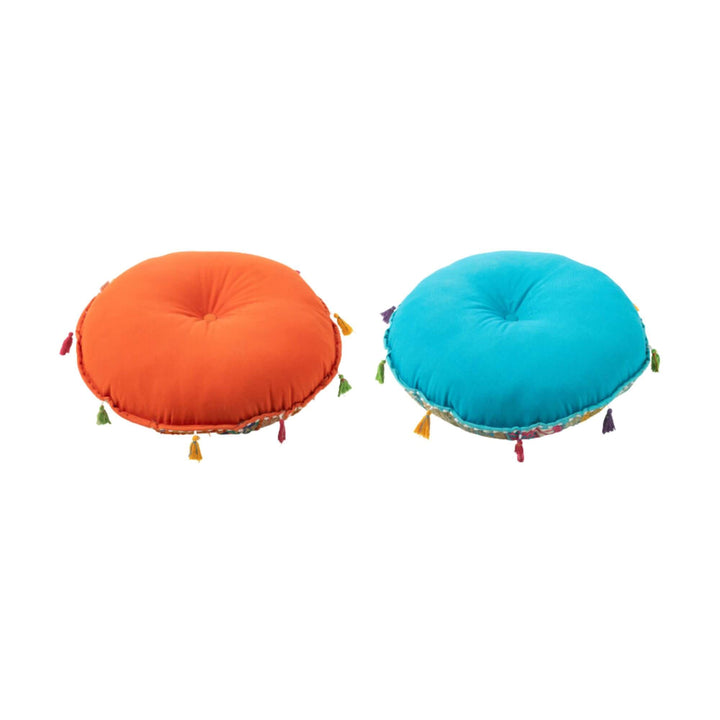 Orange and turquoise KOOD Puff small size with tassel details.