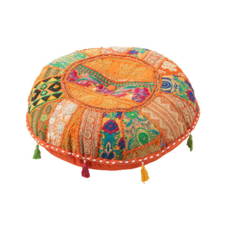 Small KOOD Puff in multicolor patchwork with tassels.