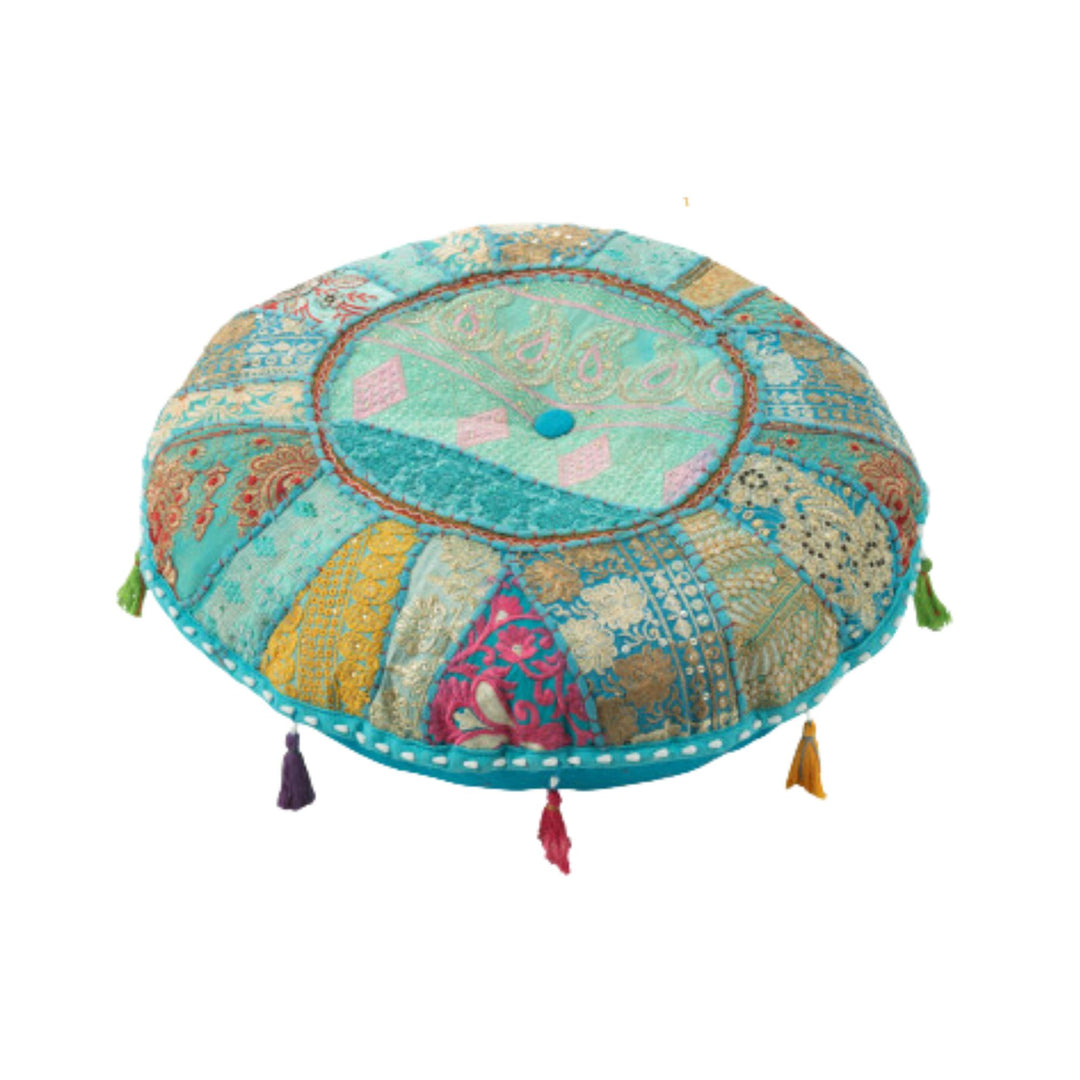 Small KOOD Puff in multicolor patchwork with tassels.