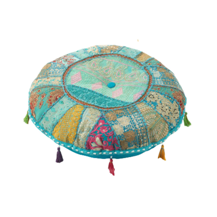 Small KOOD Puff in multicolor patchwork with tassels.